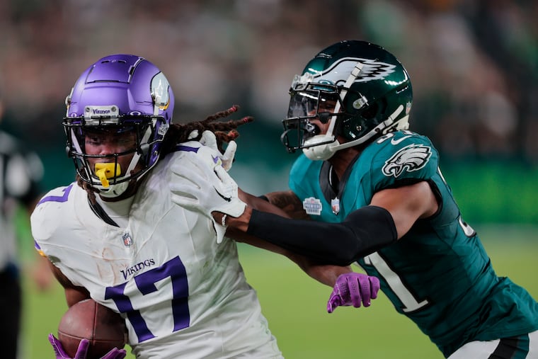 Eagles cornerback Mario Goodrich pushes Vikings wide receiver K.J. Osborn out of bounds on Sept. 14.