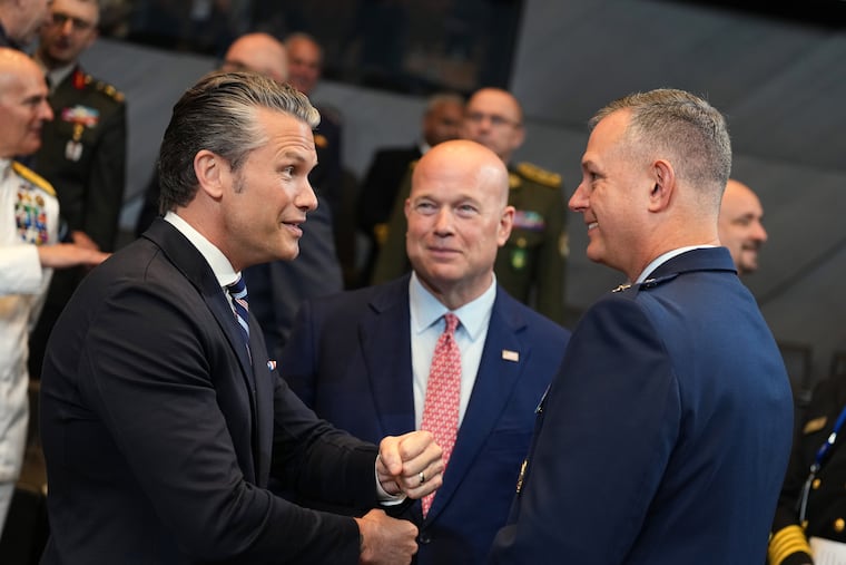 United States Defense Secretary Pete Hegseth (left) speaks with NATO's Supreme Allied Commander Europe General Alexus Grynkewich (right) during a meeting of the North Atlantic Council in defense ministers format at NATO headquarters in Brussels, Thursday, June 18, 2026.