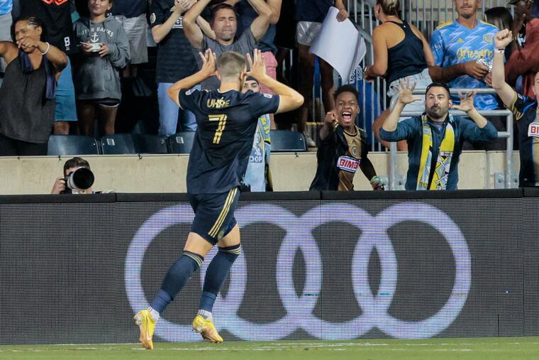 The Union's Mikael Uhre celebrating his goal against Atlanta United at Subaru Park on Aug. 31.