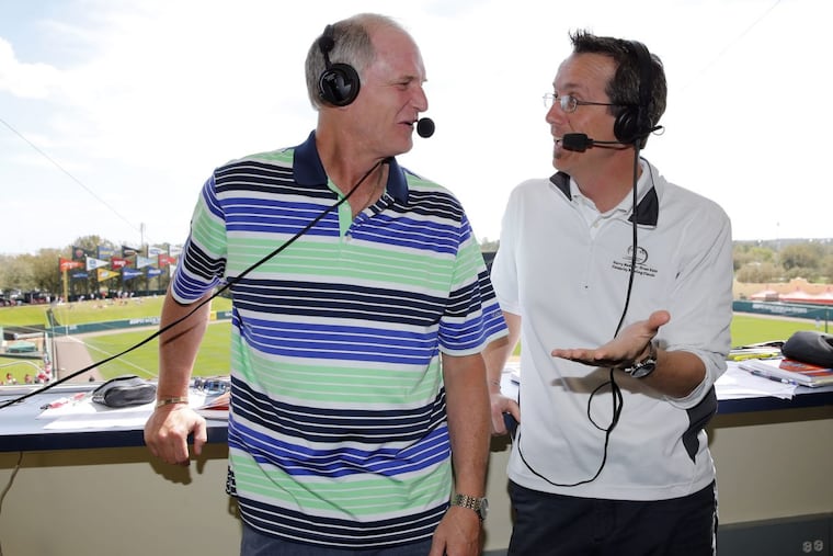 Phillies radio play-by-play announcer Scott Franzke (right) and color analyst Larry Andersen in the radio booth before a spring training game on March 11, 2016.