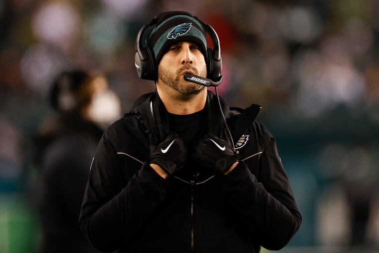 Eagles Head Coach Nick Sirianni on the sidelines against the Washington Football Team on Tuesday, December 21, 2021 in Philadelphia.