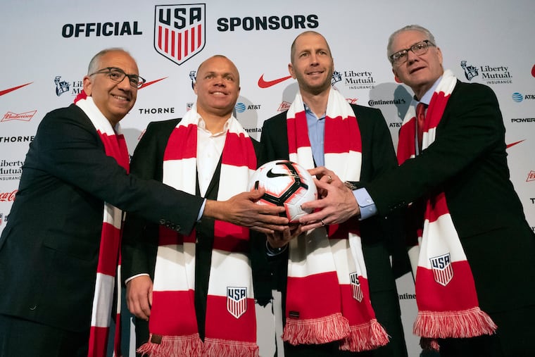 From left to right: U.S. Soccer Federation president Carlos Cordeiro, men's national team general manager Earnie Stewart, new men's national team head coach Gregg Berhalter, and CEO Dan Flynn.