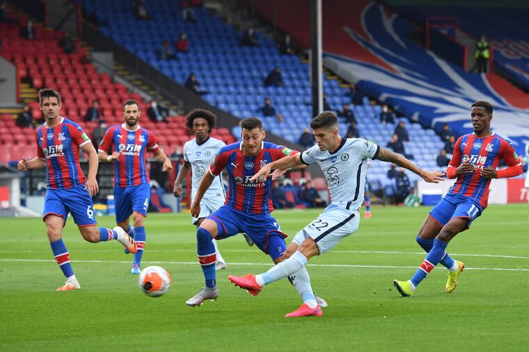 Chelsea's Christian Pulisic, second right, scores his side's second goal during the English Premier League soccer match between Crystal Palace and Burnley at Selhurst Park, in London, England, Tuesday, July 7, 2020. (Justin Tallis/Pool via AP)