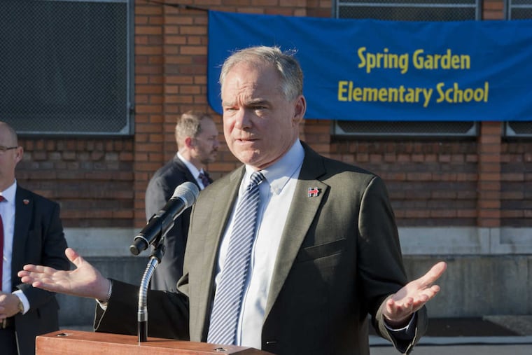 Democratic vice presidential candidate Tim Kaine answers questions from the press during a stop at Spring Garden Elementary School in North Philadelphia on Thursday morning.