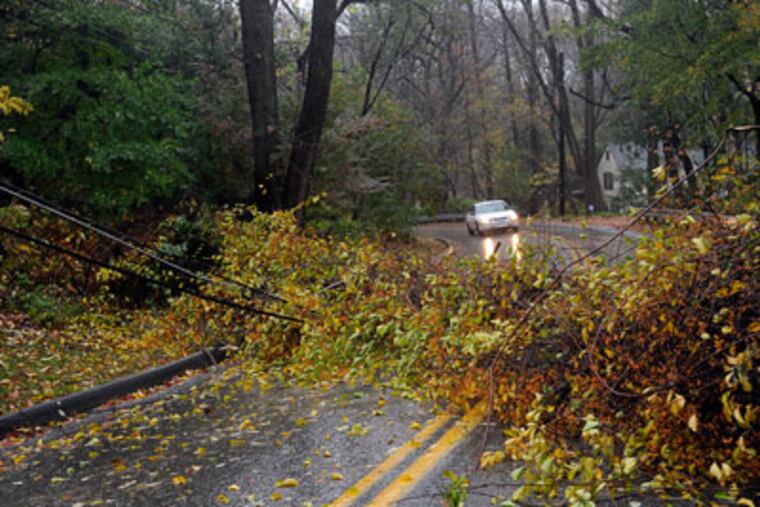 As Hurricane Sandy envelopes the region, falling trees and downed power lines are a problem. Here on Waverly Road in Gladwyne, a downed tree and fallen power lines have caused power outages and traffic backups on October 29, 2012. ( SHARON GEKOSKI-KIMMEL / Staff Photographer )