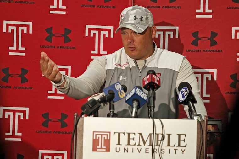 Temple football head coach Geoff Collins talks to the media, Tuesday Sept. 12, 2017, in Philadelphia. ( H. Rumph Jr / For the Inquirer )