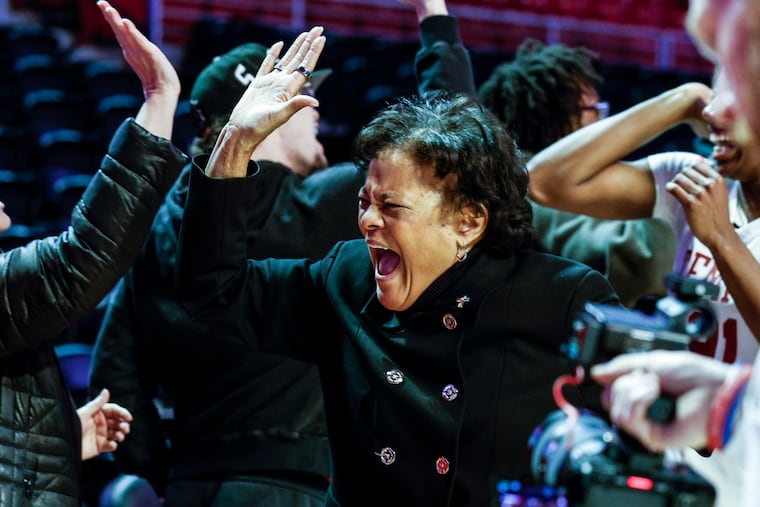 Temple coach Diane Richardson celebrates her win over Charlotte on Saturday.