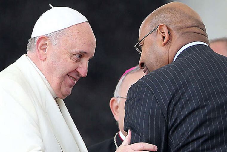 Mayor Nutter with Pope Francis in Vatican City last spring: The pope will return the favor when he visits Philly in September. DAVID MAIALETTI / STAFF PHOTOGRAPHER