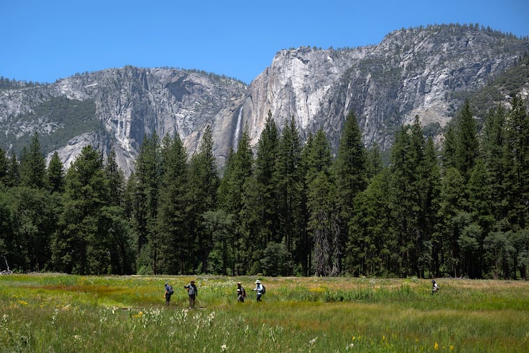 Visitors walk through Yosemite Valley in Yosemite National Park, Calif., July 3, 2026. The Trump administration has proposed giving a small parcel of land in Yosemite National Park in California to a private developer, according to federal officials and documents reviewed by The New York Times.