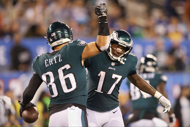 Zach Ertz and Alshon Jeffery celebrate a touchdown against the Giants.
