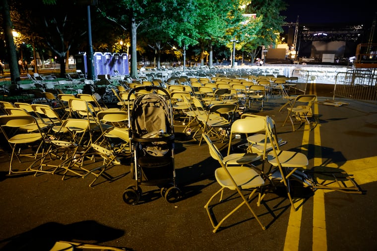 A baby stroller is left behind after gunfire caused the crowd to scatter during the July 4th celebration on The Benjamin Franklin Parkway Monday, July 4, 2022. Two police officers were shot.