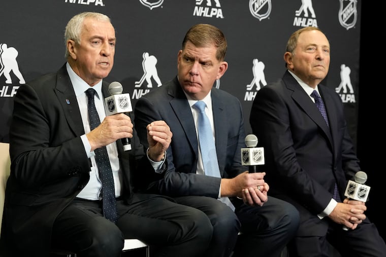 IIHF president Luc Tardif (left), NHLPA executive director Marty Walsh (middle), and NHL commissioner Gary Bettman (right) had several major annoucements about the international game on Friday.