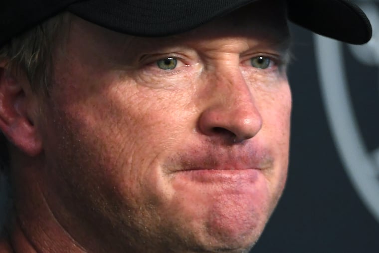 Jon Gruden resigned Monday as head coach of the Las Vegas Raiders after the New York Times reported that he frequently used racist, misogynistic, and homophobic language in a series of emails to NFL executives.
