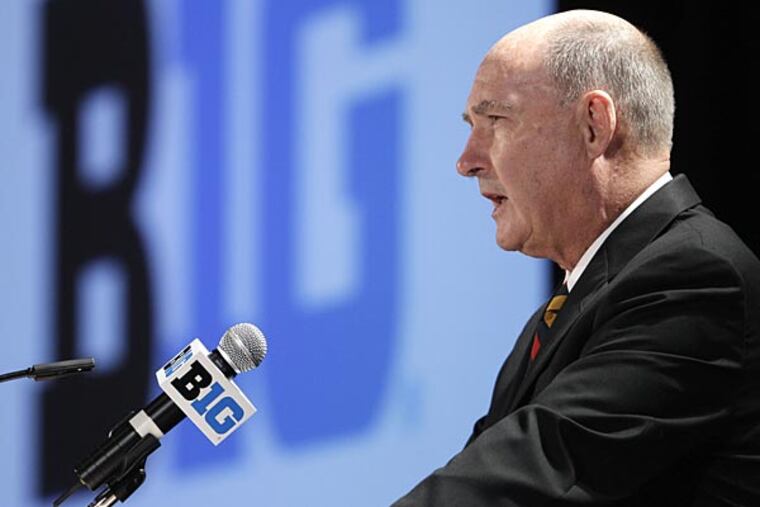 This July 26, 2012 file photo shows Big Ten Commissioner Jim
Delany speaking at the Big Ten football media day in Chicago. Maryland
is set to announce it is joining the Big Ten. The Big Ten Network
tweeted that it will cover the school's news conference Monday
afternoon, Nov. 19, 2012, to announce Maryland's decision to leave
the Atlantic Coast Conference. (AP Photo/M. Spencer Green, File)