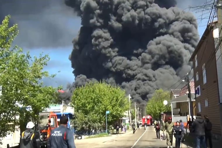 In this image taken from video released by Gov. Veniamin Kondratyev's Telegram channel, smoke rises after a drone attack on the oil refinery and terminal in Tuapse, Russia, Wednesday, April 29, 2026.