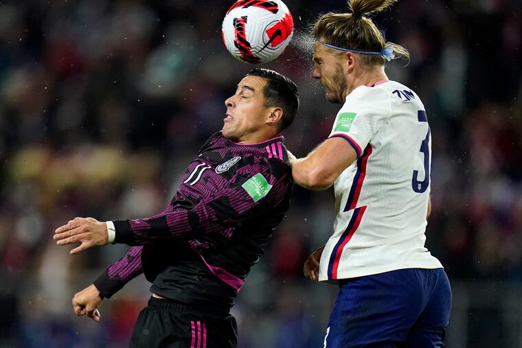 Walker Zimmerman (right) challenges Rogelio Funes Mori (left) during the U.S.-Mexico World Cup qualifier last November in Cincinnati.
