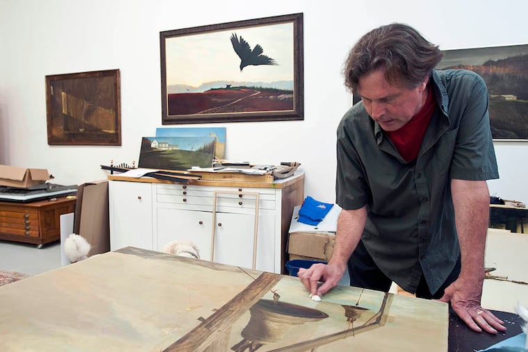 Jim Repenning, a former student of the late Haddonfield artist Albert E. Sandecki, works on one of his pieces at his studio in Audubon, NJ. He is organizing a show of his mentor's work. ( RON TARVER / Staff Photographer )