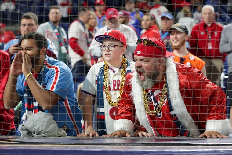 Philadelphia Phillies fans boo the Houston Astros after batting practice ahead of baseball's World Series Game 5 at Citizens Bank Park on Thursday, Nov. 3, 2022, in Philadelphia.
