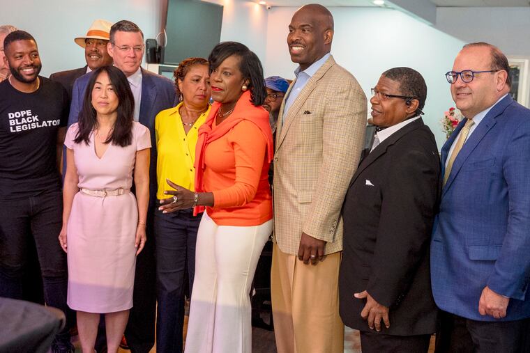 Cherelle Parker, the Democratic candidate for mayor, met with her primary election rivals for a unity breakfast at the Bleu Brook Restaurant on May 24. From left are: Amen Brown, James DeLeon, Helen Gym, Jeff Brown, Maria Quiñones Sánchez, Parker, Derek Green, Warren Bloom Sr., and Allan Domb.