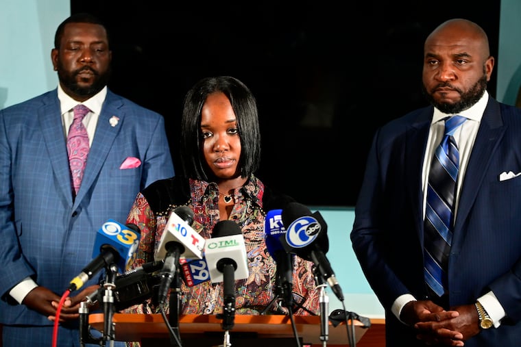 Rickia Young speaks during a news conference announcing a $2 million settlement with the City of Philadelphia at the offices of her lawyers Mincey Fitzpatrick Ross, LLC. Young was beaten by Philadelphia police. The 29-year-old single mother was driving through West Philadelphia when she was pulled out of her vehicle by police, beaten, and separated from her toddler. The melee, which was captured on video and shared widely on social media, happened hours after officers fatally shot 27-year-old Walter Wallace Jr. just blocks away.