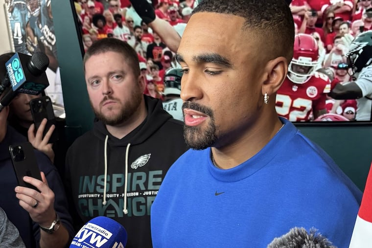 Eagles quarterback Jalen Hurts speaks with reporters at the NovaCare Complex on Monday.