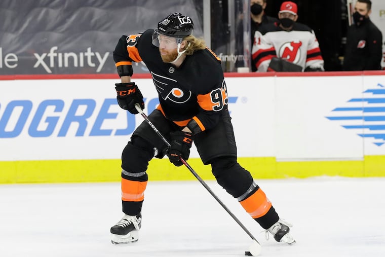 Flyers right wing Jake Voracek shoots the puck against the New Jersey Devils on May 1, 2021.