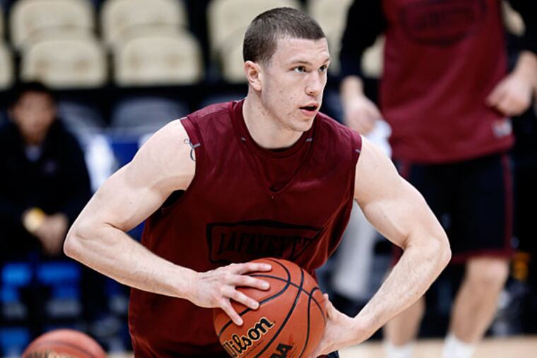 Lafayette's Nick Lindner looks to pass during practice at the NCAA college basketball tournament in Pittsburgh, Wednesday, March 18, 2015. Lafayette plays Villanova in the second round on Thursday. (AP Photo/Keith Srakocic)