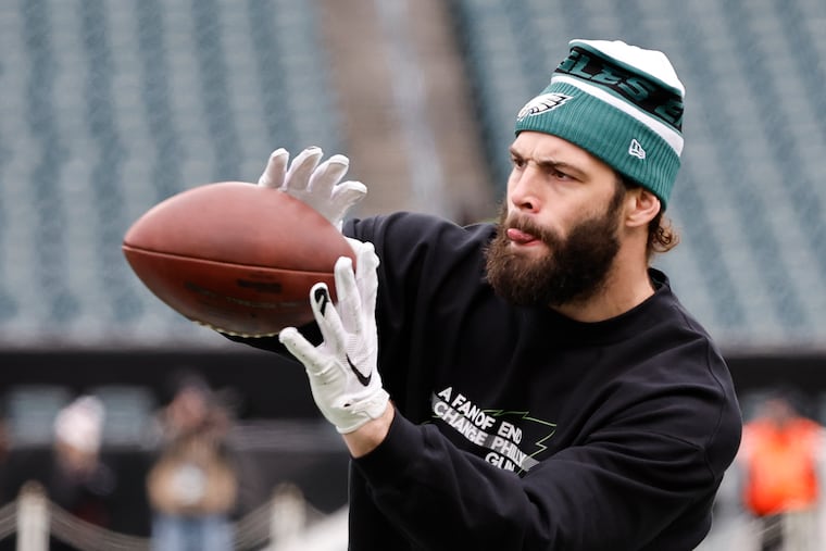 Eagles tight end Dallas Goedert catches the football during warm ups before the Eagles play the Arizona Cardinals on Sunday, December 31, 2023 in Philadelphia.