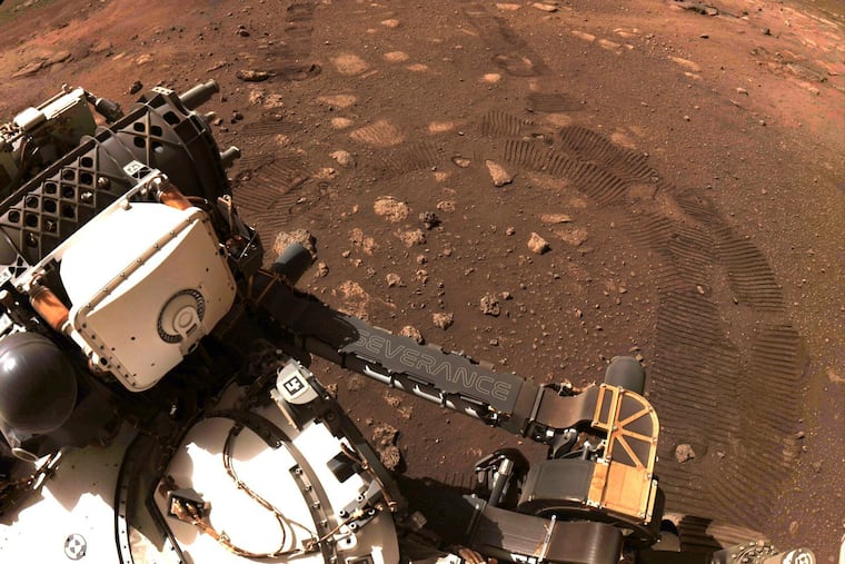 This image was taken during the first drive of NASA’s Perseverance rover on Mars on Thursday.