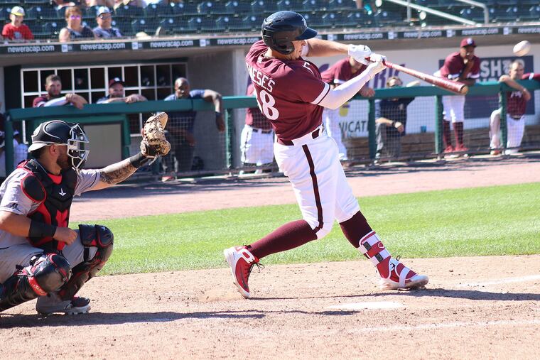 Joey Meneses swings at pitch during the Lehigh Valley IronPigs' game against the Rochester Red Wings on Sunday, July 8, 2018.
