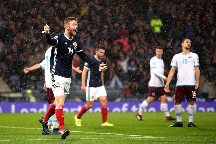 Stuart Findlay (14) scored a goal in his first appearance for Scotland's national team in October 2019.