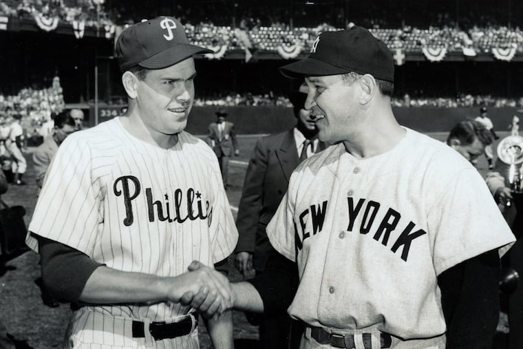Phillies pitcher Robin Roberts and Yankees pitcher Allie Reynolds at Shibe Park in Phialdelphia during the 1950 World Series.
