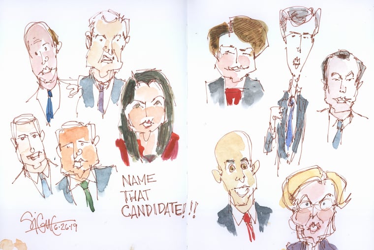 Inquirer editorial cartoonist Signe Wilkinson sketched the candidates that were on the state on first night of the first democratic primary debate.