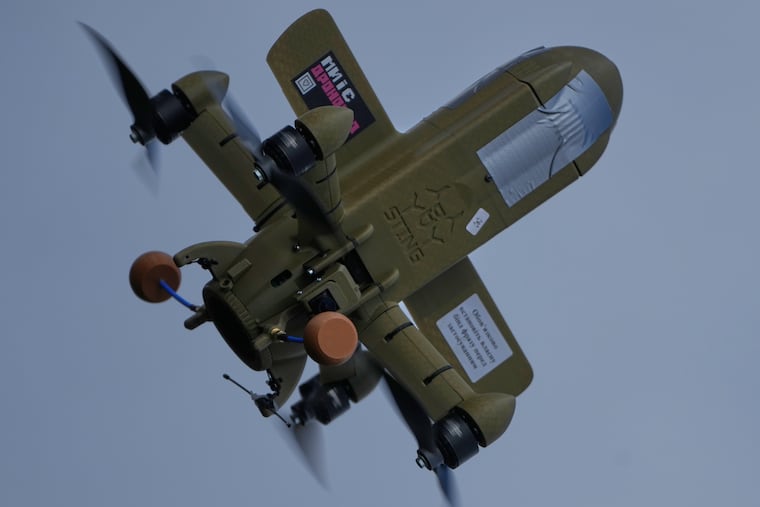 FILE - A Sting interceptor drone flies during drills at the Yatagan School for Unmanned Aerial Systems in the Kyiv region, Ukraine, on March 19, 2026.