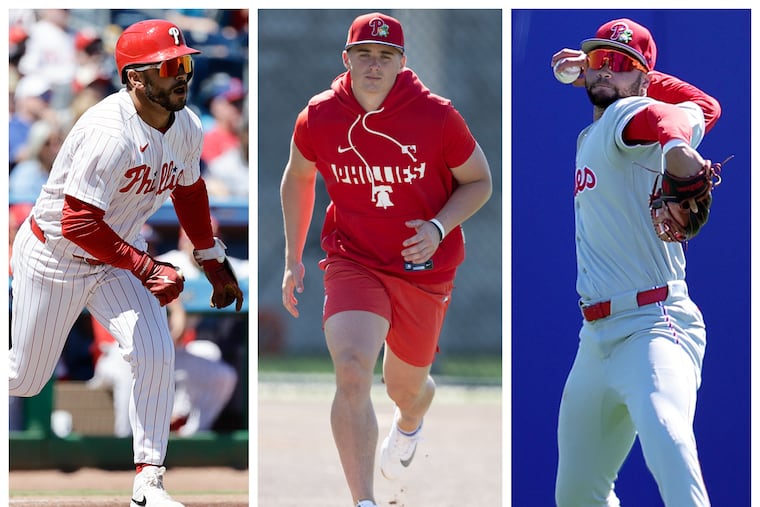 The Phillies will need production from entry-level-salary players like (from left) Otto Kemp, Aidan Miller, and Justin Crawford in 2026.
