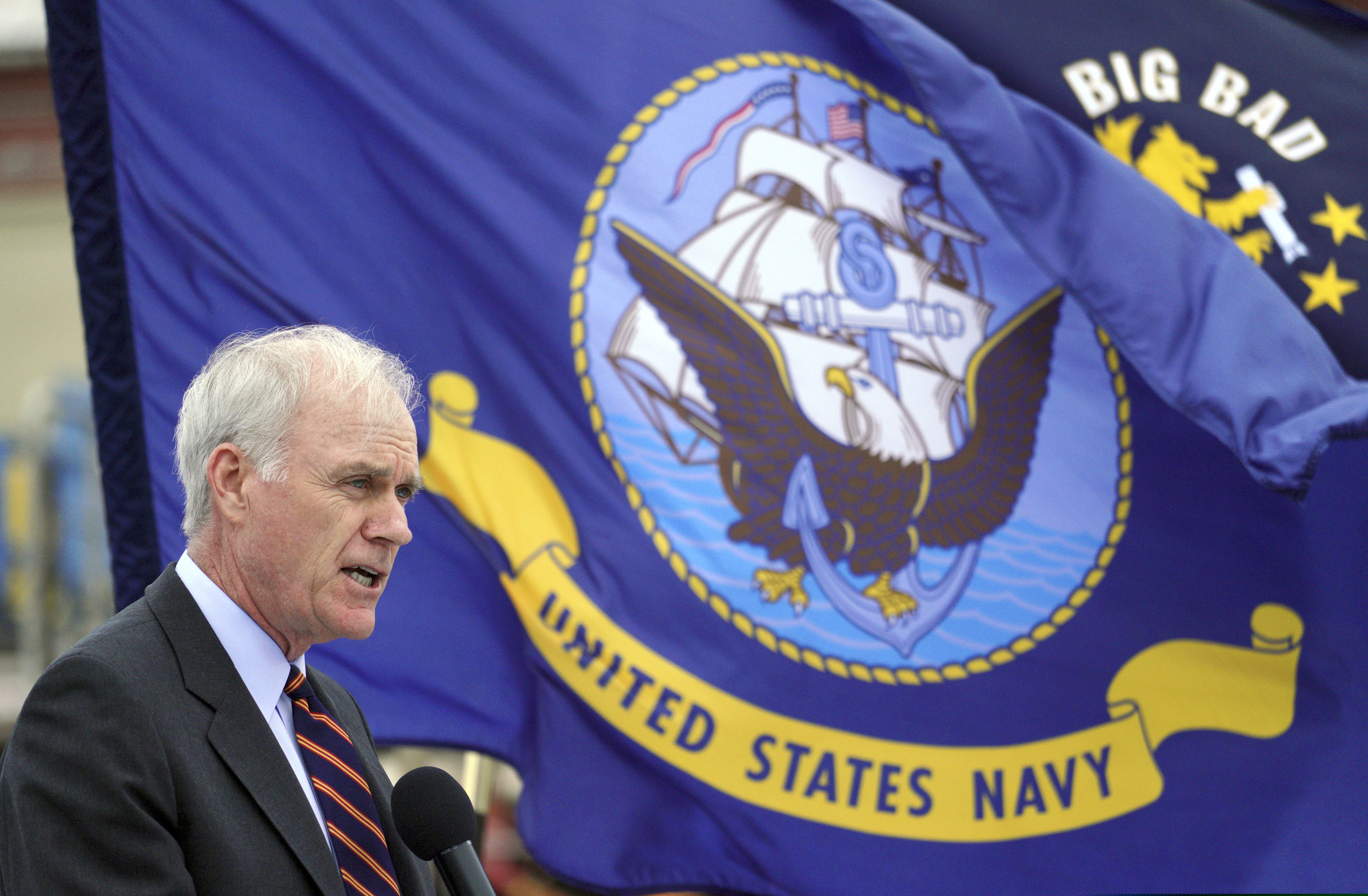 FILE - In this July 12, 2018 file photo, Navy Secretary Richard Spencer delivers a speech during a re-dedication ceremony for the USS John S. McCain at the U.S. Naval base in Yokosuka, southwest of Tokyo. (AP Photo/Eugene Hoshiko, File)