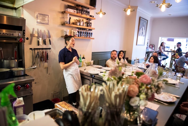 Chef and owner Amanda Shulman holding forth at Her Place Supper Club, 1740 Sansom St.