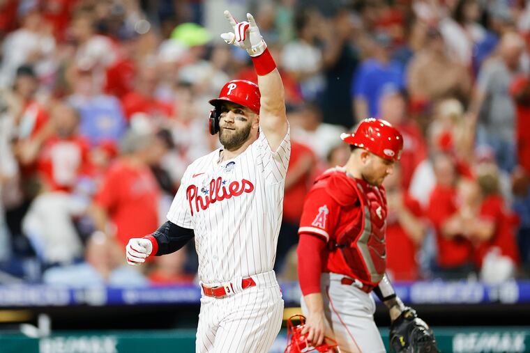 Bryce Harper celebrates after hitting a sixth-inning solo home run Friday against the Angels. The Phillies won, 10-0.