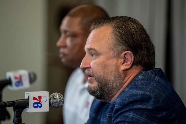 Sixers head coach Doc Rivers (left) and Daryl Morey, president of operations, talking to the media in September 2021.