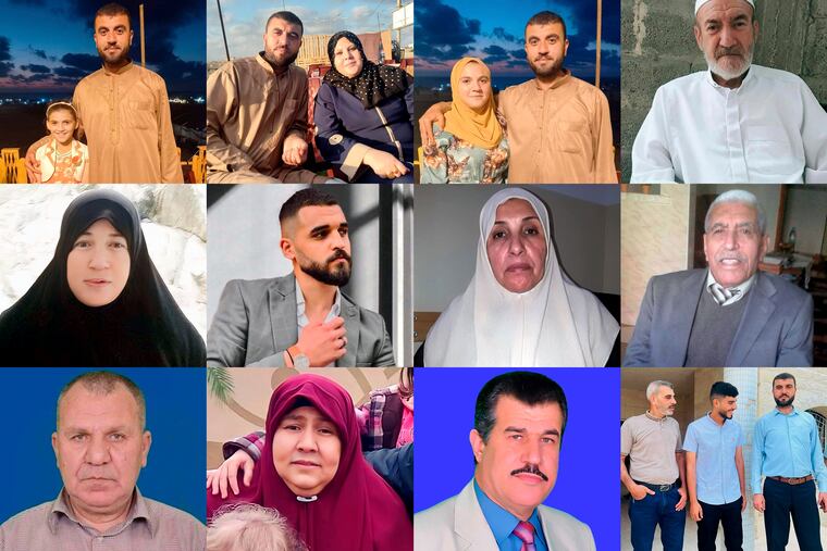 This combination of photos provided by Youssef Salem shows relatives he has lost from Israeli strikes during the Gaza war, which started Oct. 7, 2023. Top row from left, Mohamed Salem with his daughter, Amal; his wife, Fidaa; his daughter Sara, and Ibrahim Salem. Second row from left, the daughter of Um Ahmed Salem, Mohamed Hani Salem, Um Hani Salem and Ismail Salem. Third row from left, Adel Salem, Um Ahmed Salem, Ismail Salem, Munir, Nour and Mohamed Salem.