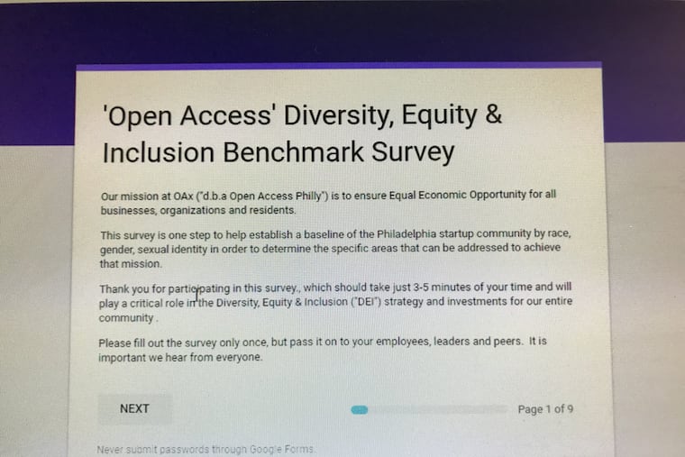 Organizers want at least 1,000 people involved in Philadelphia's start-up community to take the Open Access Diversity, Equity & Inclusion benchmark survey.