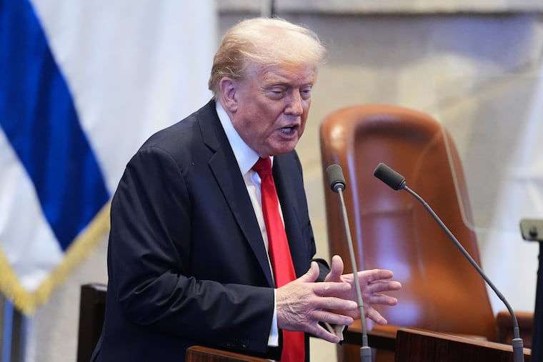President Donald Trump speaks to the Knesset, Israel's parliament, on Monday, Oct. 13.
