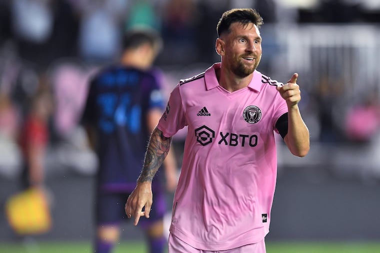 Inter Miami forward Lionel Messi celebrates a goal against Charlotte FC during the second half of a Leagues Cup soccer match Friday.