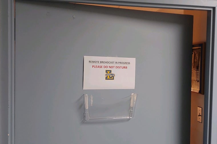 Kale Beers' office door while he's doing play-by-play for La Salle games.