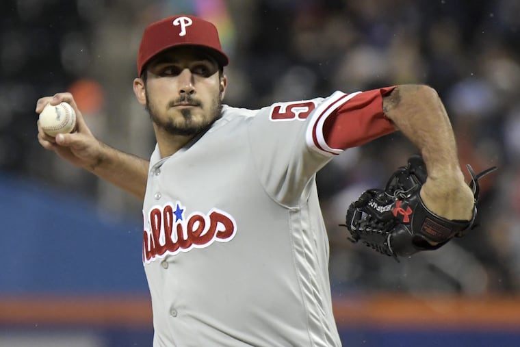 Phillies pitcher Zach Eflin delivers the ball to the New York Mets during the first inning of a baseball game Saturday, in New York.