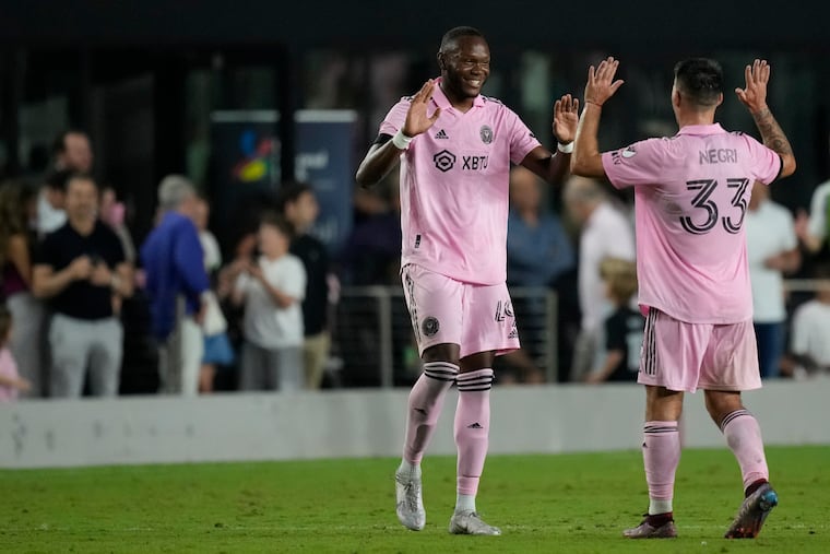 Shanyder Borgelin (center) celebrates after scoring in his MLS debut for Inter Miami last Saturday.