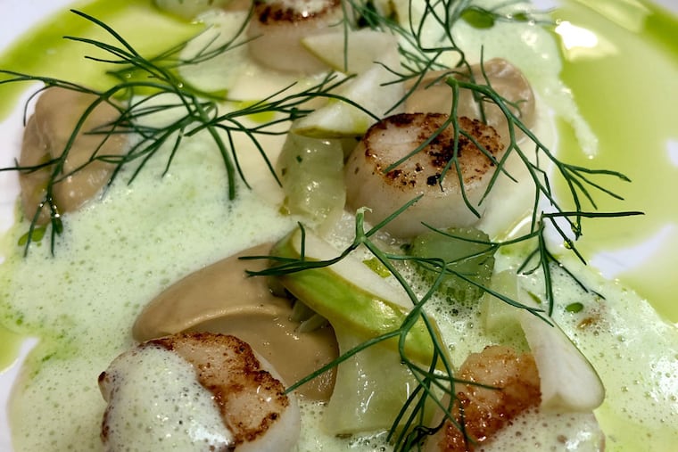 Scallops with caramelized fennel, parsnip puree, and pickled apples at Manny's.