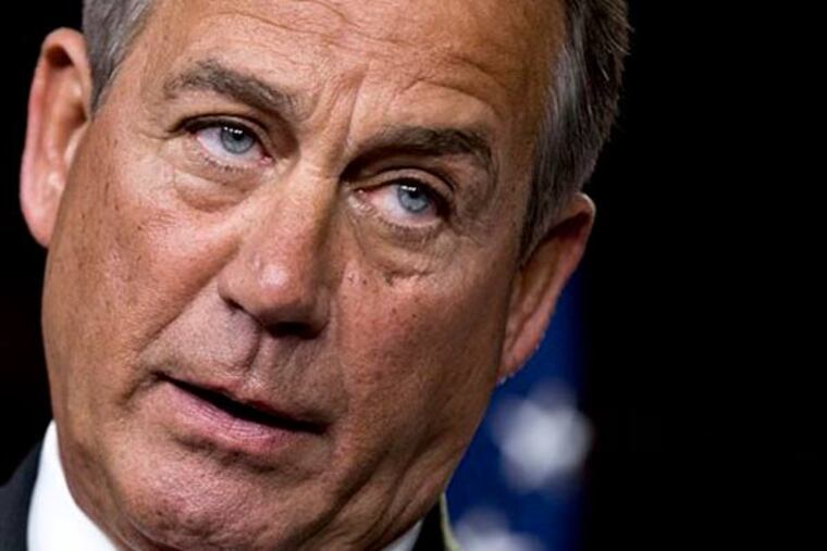 House Speaker John Boehner of Ohio speaks to reporters on Capitol Hill in Washington, Thursday, Nov. 29, 2012, after private talks with Treasury Secretary Timothy Geithner on the fiscal cliff negotiations. Boehner said no substantive progress has been made between the White House and the House" in the past two weeks. (AP Photo/J. Scott Applewhite)