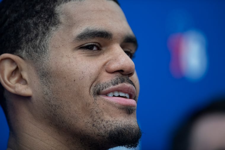 Tobias Harris gestures as he talks to the media, during practice at the 76ers Training Complex in Camden, N.J. Wednesday, January 8, 2020.