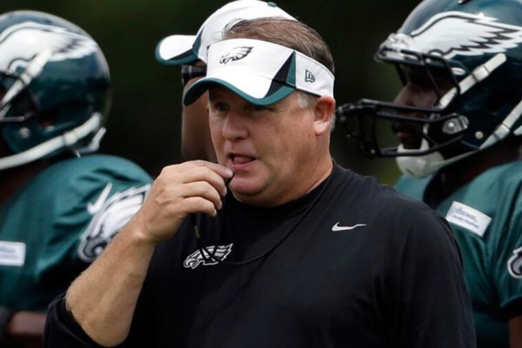 Chip Kelly directs practice at the NFL football team's training camp in Philadelphia, Wednesday, July 31, 2013. (Matt Rourke/AP)